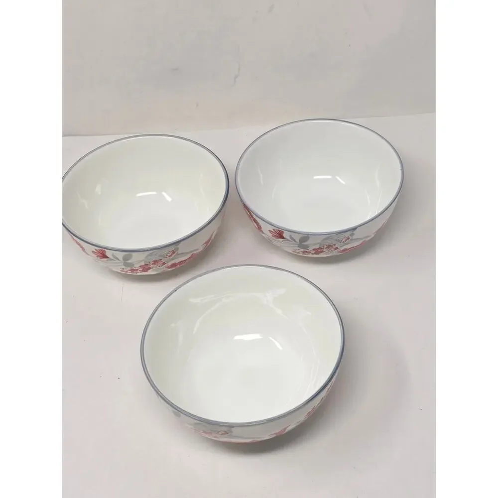 SF Marked glazed Porcelain Bowls with Red Floral&Fish Motif Japanese Set of 3